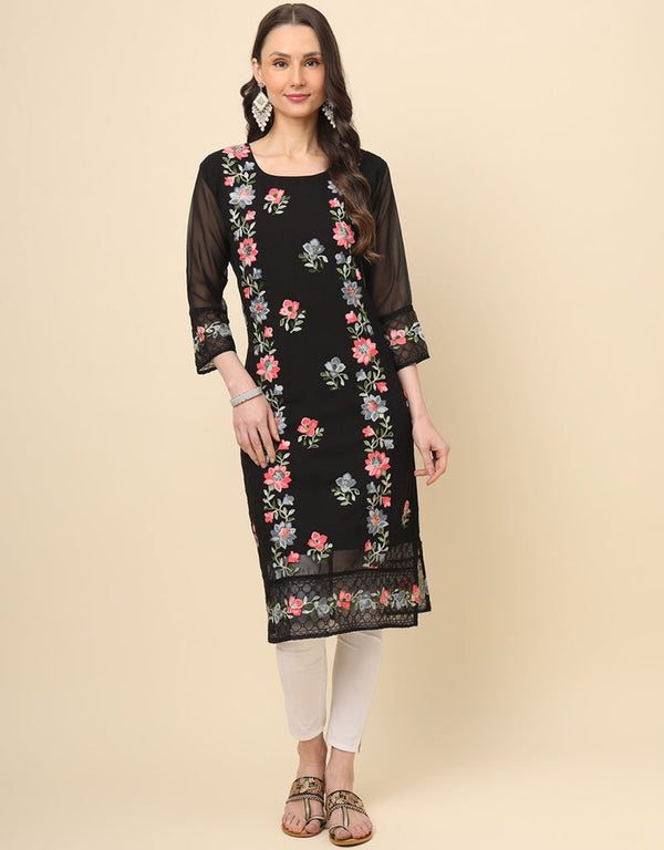 fashionable thread embroidery work georgette trendy designer party wear readymade long kurti collection with black 13683-acy4218 Front View