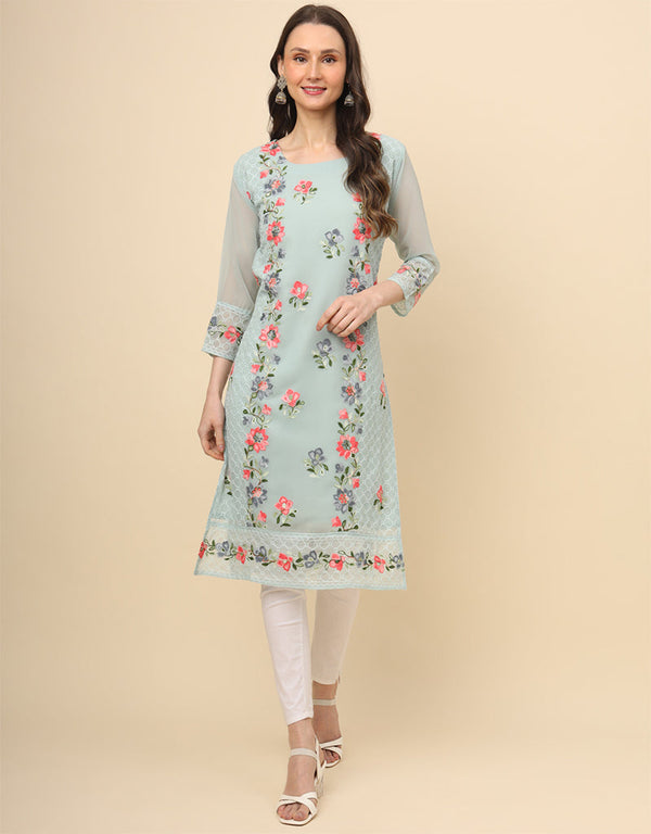 sleek thread embroidery work georgette trendy designer party wear readymade long kurti collection with blue 13683-acy4219 Front View