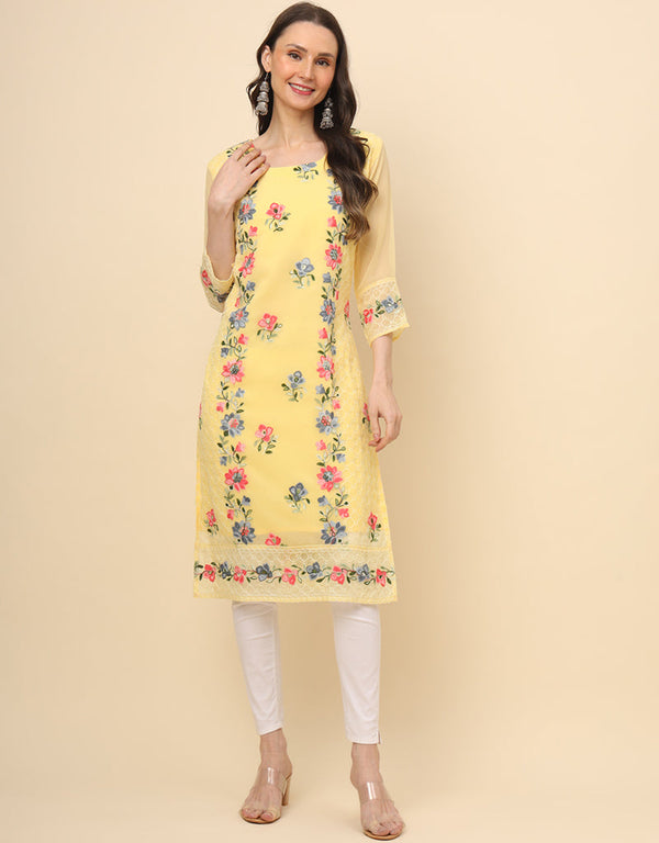 sophisticated thread embroidery work georgette trendy designer party wear readymade long kurti collection with yellow 13683-acy4221 Front View