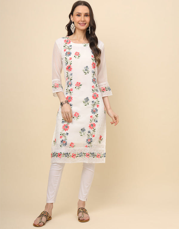 glamorous thread embroidery work georgette trendy designer party wear readymade long kurti collection with white 13683-acy4222 Front View