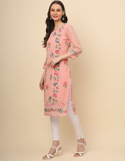 contemporary thread embroidery work georgette trendy designer party wear readymade long kurti collection with salmon 13683-acy4223 Side View