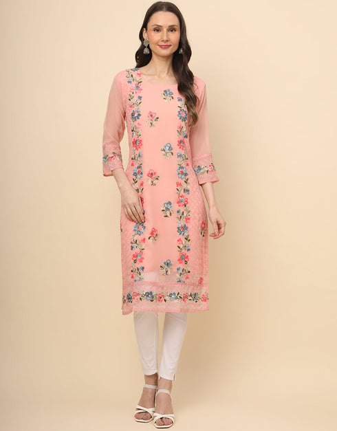 contemporary thread embroidery work georgette trendy designer party wear readymade long kurti collection with salmon 13683-acy4223 Front View