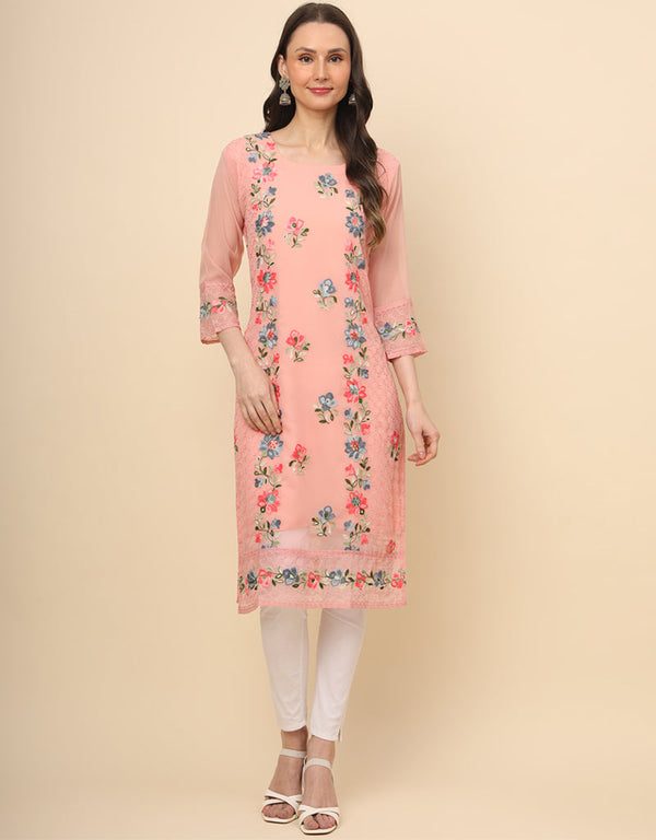 contemporary thread embroidery work georgette trendy designer party wear readymade long kurti collection with salmon 13683-acy4223 Front View