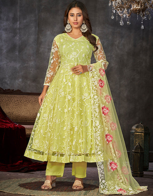 stylish light yellow net heavy designer wedding wear salwar suit with light yellow santoon 13688-acy4248 Front View