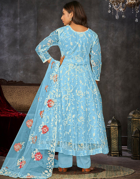 chic sky blue net heavy designer wedding wear salwar suit with sky blue santoon 13688-acy4249 Close-up View