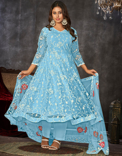 chic sky blue net heavy designer wedding wear salwar suit with sky blue santoon 13688-acy4249 Back View