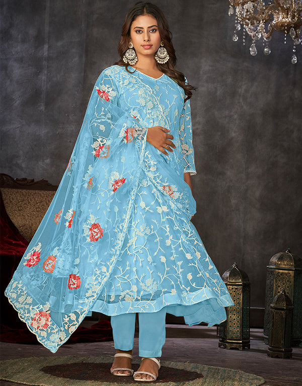 chic sky blue net heavy designer wedding wear salwar suit with sky blue santoon 13688-acy4249 Front View