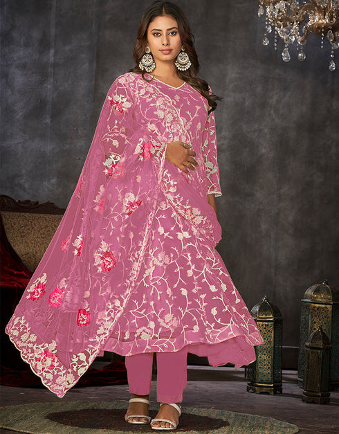 elegant pink net heavy designer wedding wear salwar suit with pink santoon 13688-acy4251 Back View