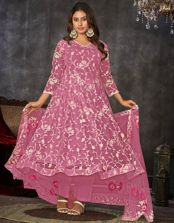 elegant pink net heavy designer wedding wear salwar suit with pink santoon 13688-acy4251 Front View