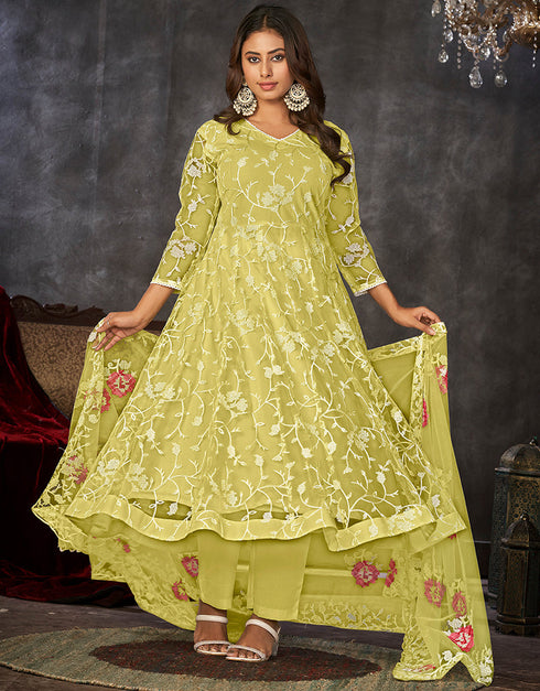 fashionable yellow net heavy designer wedding wear salwar suit with yellow santoon 13688-acy4252 Back View