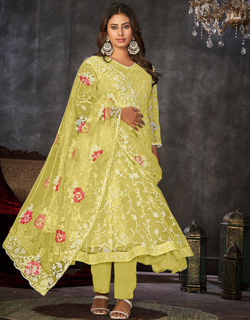 fashionable yellow net heavy designer wedding wear salwar suit with yellow santoon 13688-acy4252 Front View
