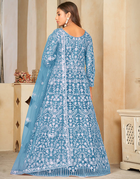sleek sky blue net heavy designer wedding wear salwar suit with sky blue santoon 13688-acy4253 Close-up View