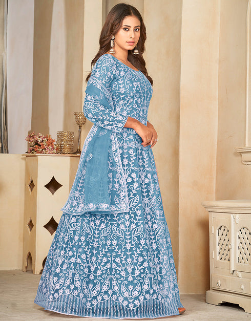 sleek sky blue net heavy designer wedding wear salwar suit with sky blue santoon 13688-acy4253 Back View