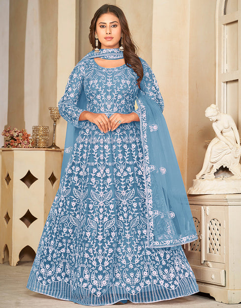 sleek sky blue net heavy designer wedding wear salwar suit with sky blue santoon 13688-acy4253 Front View