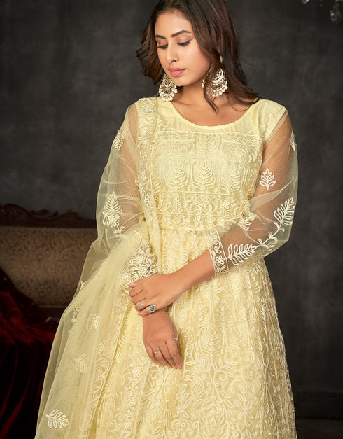 glamorous light yellow net heavy designer wedding wear salwar suit with light yellow santoon 13688-acy4256 Back View