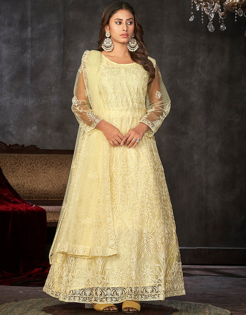 glamorous light yellow net heavy designer wedding wear salwar suit with light yellow santoon 13688-acy4256 Front View