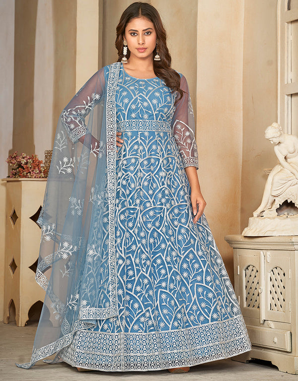 contemporary sky blue net heavy designer wedding wear salwar suit with sky blue santoon 13688-acy4257 Front View