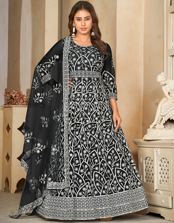 stylish black net heavy designer wedding wear salwar suit with black santoon 13688-acy4259 Front View