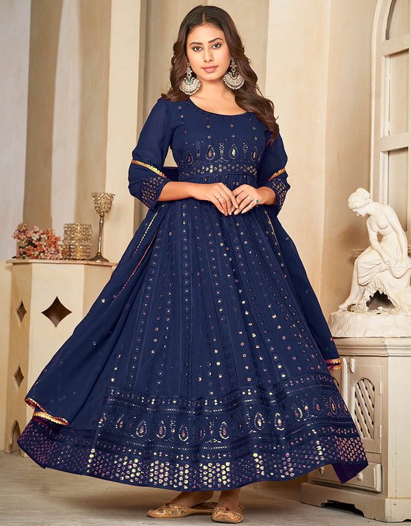 chic blue georgette heavy designer wedding wear salwar suit with blue crepe 13689-acy4260 Front View