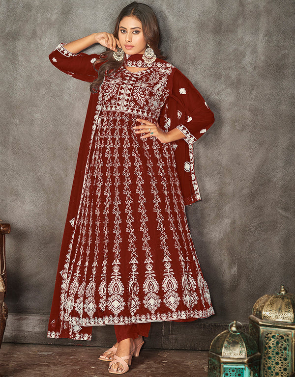 chic maroon net heavy designer wedding wear salwar suit with maroon santoon 13690-acy4271 Front View