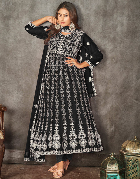 trendy black net heavy designer wedding wear salwar suit with black santoon 13690-acy4272 Front View