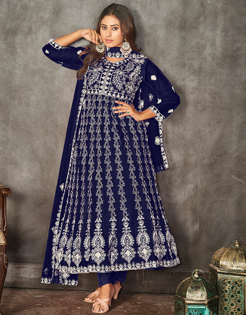 elegant blue net heavy designer wedding wear salwar suit with blue santoon 13690-acy4273 Front View