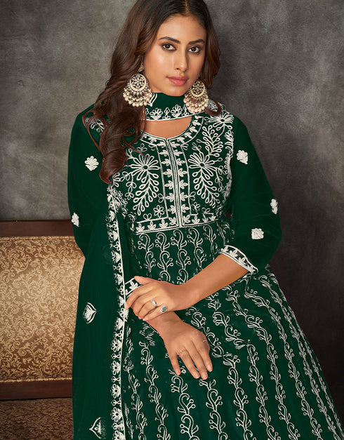 fashionable green net heavy designer wedding wear salwar suit with green santoon 13690-acy4274 Back View