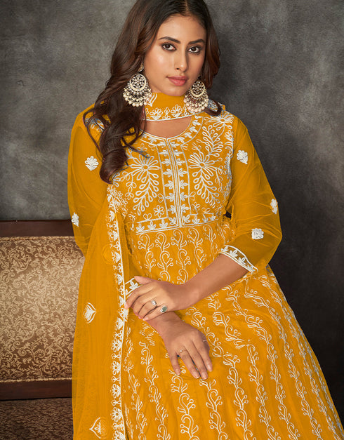 sleek mustard net heavy designer wedding wear salwar suit with mustard santoon 13690-acy4275 Back View