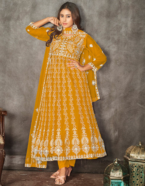 sleek mustard net heavy designer wedding wear salwar suit with mustard santoon 13690-acy4275 Front View