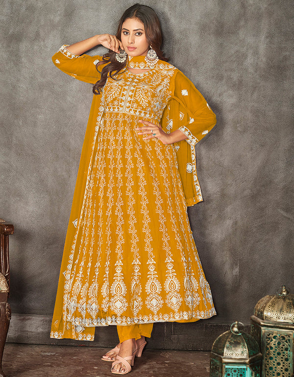 sleek mustard net heavy designer wedding wear salwar suit with mustard santoon 13690-acy4275 Front View