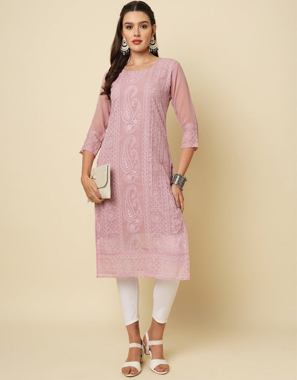 stylish thread chikankari embroidery work georgette attrective designer party wear readymade long kurti with pink 13692-acy4279 Front View