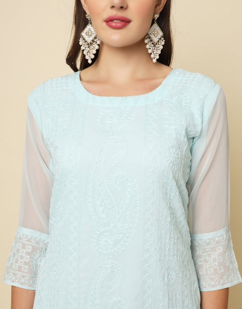 chic thread chikankari embroidery work georgette attrective designer party wear readymade long kurti with sky blue 13692-acy4280 Back View