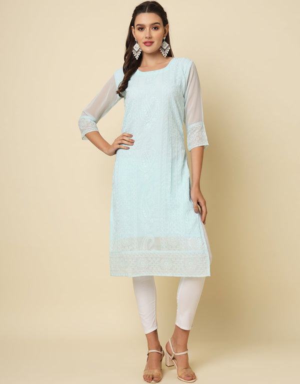 chic thread chikankari embroidery work georgette attrective designer party wear readymade long kurti with sky blue 13692-acy4280 Front View