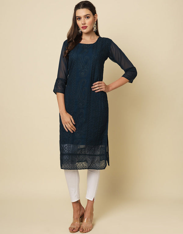 trendy thread chikankari embroidery work georgette attrective designer party wear readymade long kurti with teal blue 13692-acy4281 Front View