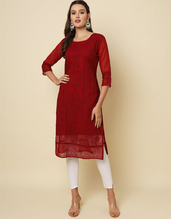 elegant thread chikankari embroidery work georgette attrective designer party wear readymade long kurti with maroon 13692-acy4282 Front View