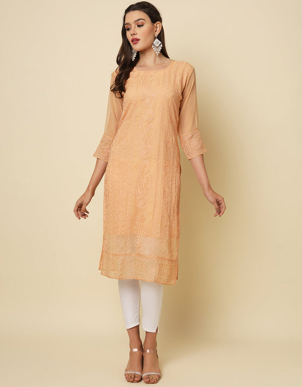 fashionable thread chikankari embroidery work georgette attrective designer party wear readymade long kurti with peach 13692-acy4283 Front View