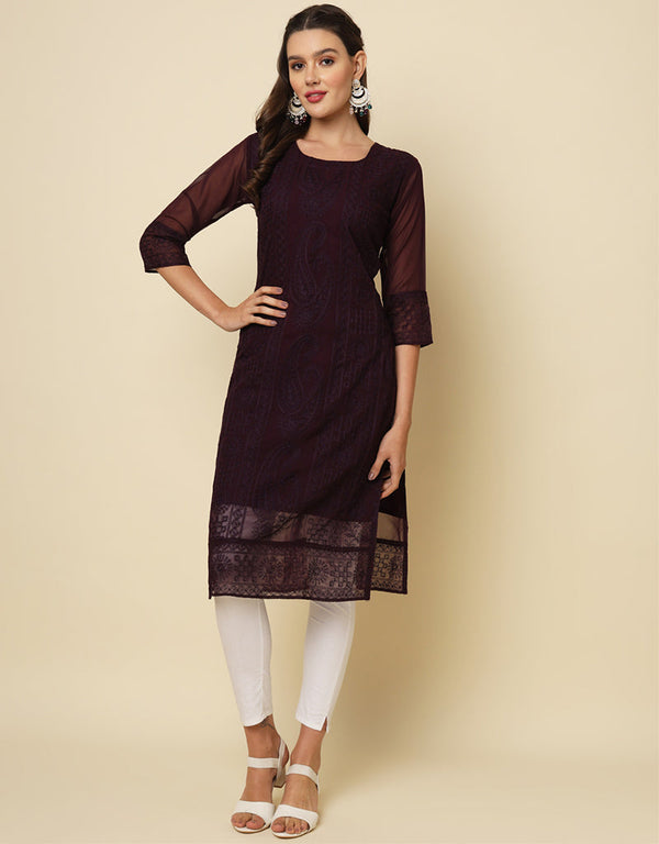 sleek thread chikankari embroidery work georgette attrective designer party wear readymade long kurti with coffee 13692-acy4284 Front View