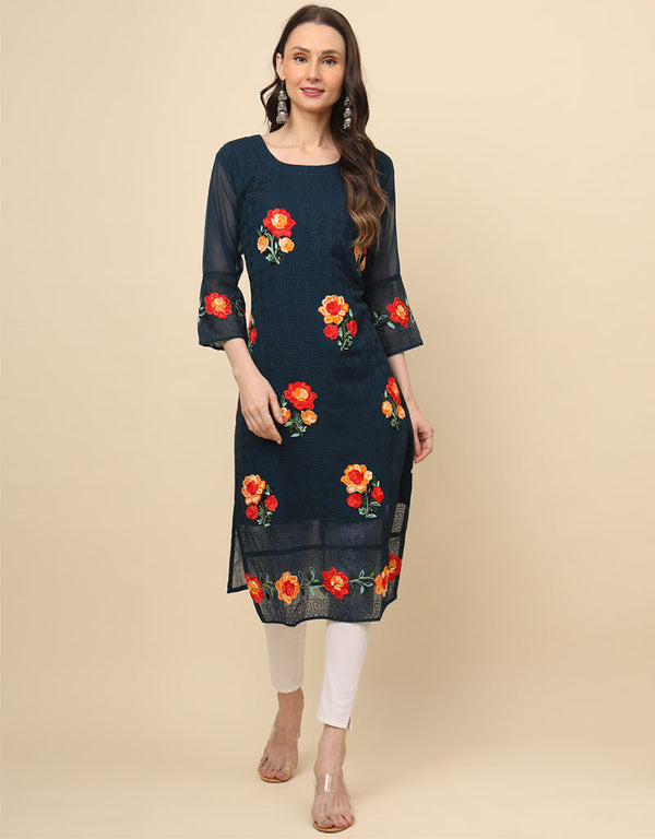 modern multy thread embroidery work georgette attrective designer party wear readymade long kurti with teal blue 13693-acy4285 Front View