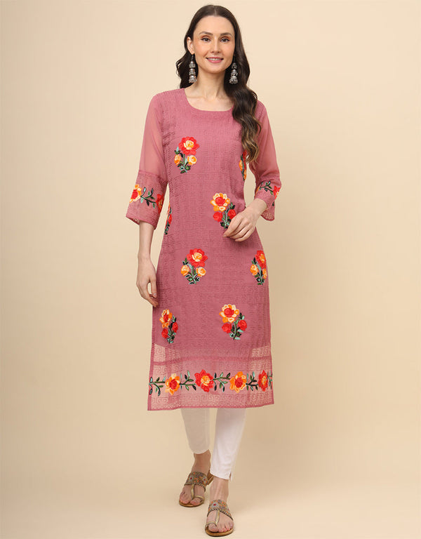 sophisticated multy thread embroidery work georgette attrective designer party wear readymade long kurti with pink 13693-acy4286 Front View