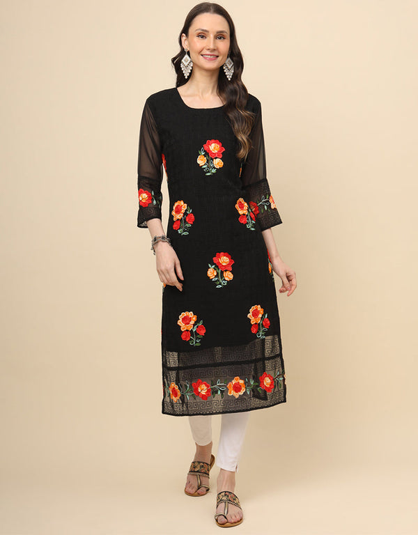 glamorous multy thread embroidery work georgette attrective designer party wear readymade long kurti with black 13693-acy4287 Front View