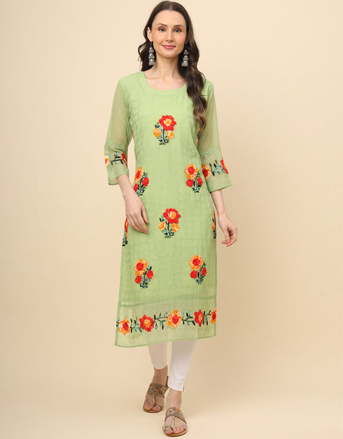 contemporary multy thread embroidery work georgette attrective designer party wear readymade long kurti with pista 13693-acy4288 Front View
