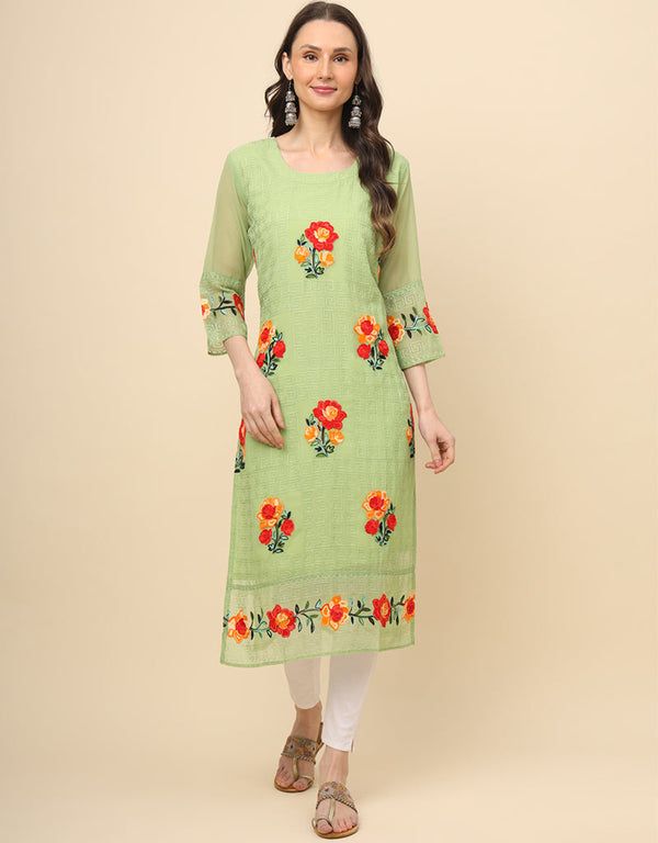contemporary multy thread embroidery work georgette attrective designer party wear readymade long kurti with pista 13693-acy4288 Front View