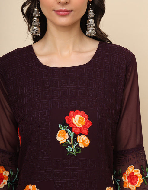 classy multy thread embroidery work georgette attrective designer party wear readymade long kurti with wine 13693-acy4289 Back View