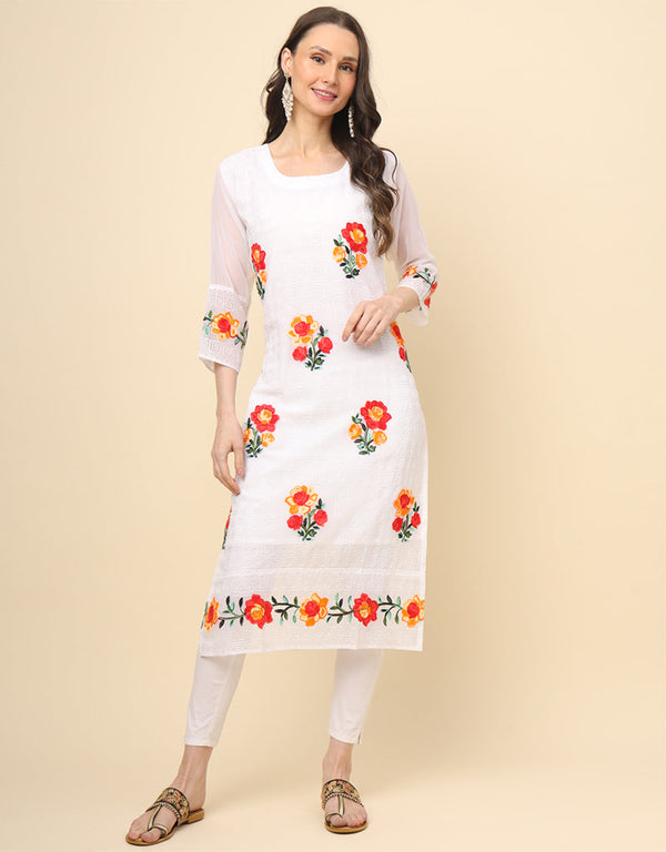 stylish multy thread embroidery work georgette attrective designer party wear readymade long kurti with white 13693-acy4290 Front View