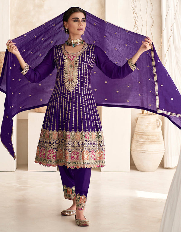 chic purple silk heavy designer wedding wear salwar suit with purple silk 13699-acy4323 Front View