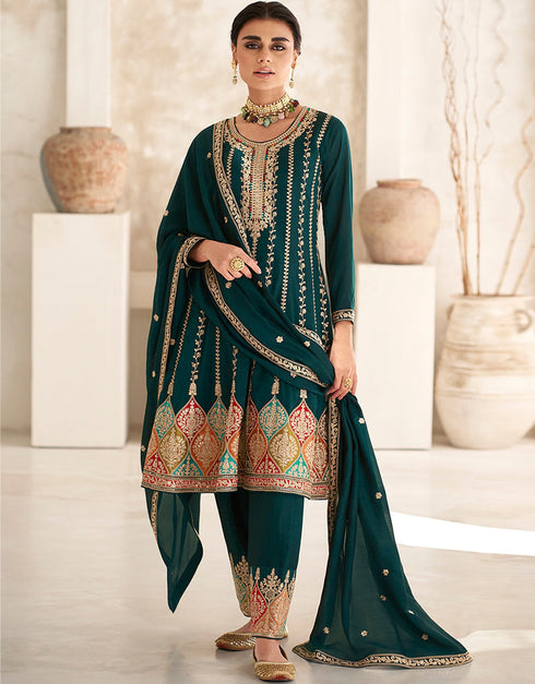 trendy green silk heavy designer wedding wear salwar suit with green silk 13699-acy4324 Front View