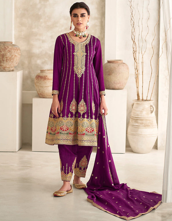 elegant wine silk heavy designer wedding wear salwar suit with wine silk 13699-acy4325 Front View