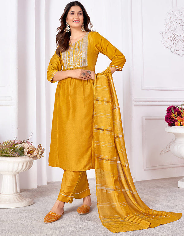 contemporary yellow vertical silk designer party wear heavy readymade salwar suit collection with yellow vertical silk 13702-acy4344 Front View
