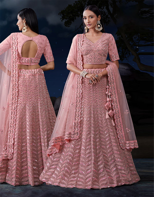 fashionable pink soft net traditional wear heavy lehenga choli collection with pink soft net 13703-acy4348 Front View
