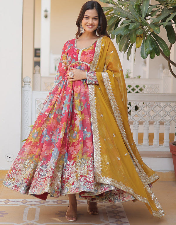 russian silk designer party wear & readymade gown with dupatta gown with digital printed, embroidery work and mustard dupatta of-13706-acy4370 Front View